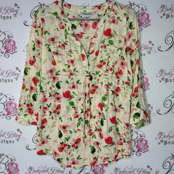 Motherhood Maternity Tops - Floral blouse cinch at waist cream yellow white red green orange flowers cute